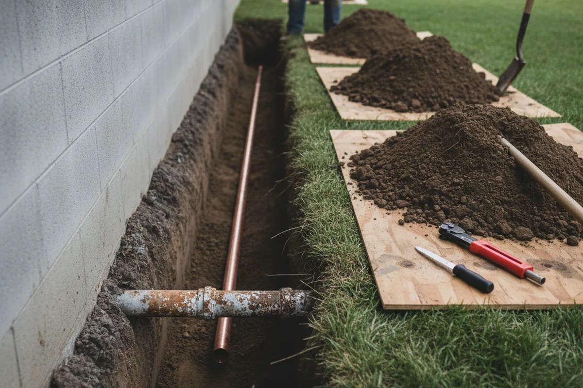 Excavated water line trench during Water Heater Repair in Lacon